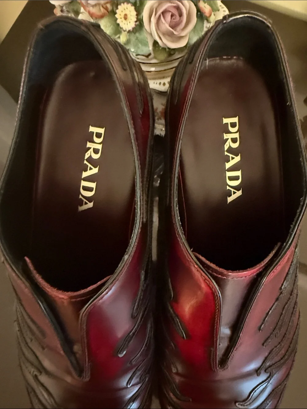 Prada Men's Red Burgundy and Black Leather Slip-On Dress Shoes
